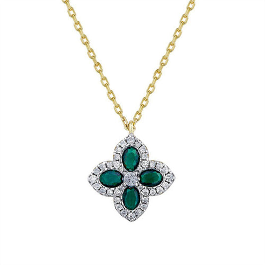 Gold-plated Silver Green CZ Pointed Quatrefoil Clover Necklace - ANC074G