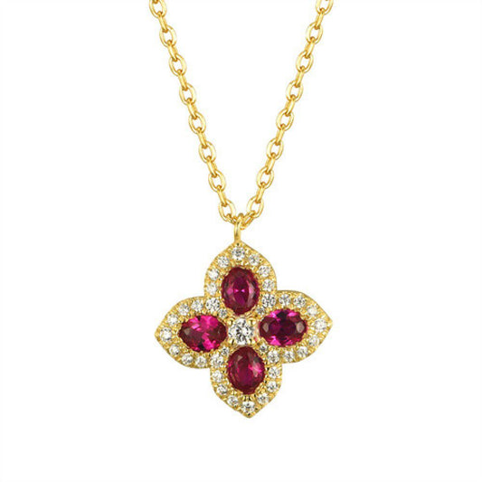 Gold-plated Silver Red Oval CZ Pointed Quatrefoil Clover Necklace - ANC074R