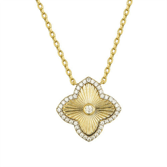 Gold-plated Silver CZ Fluted Quatrefoil Clover Solitaire Necklace - ANC077