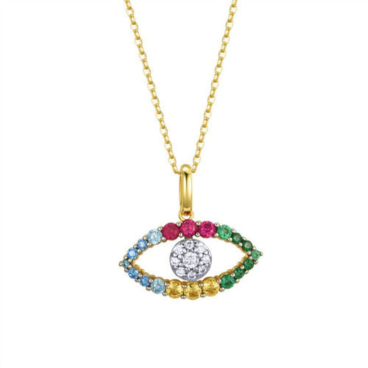 Gold-plated Silver Rainbow CZ Anti Evil Eye Cluster Necklace - ANC083