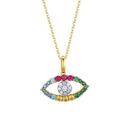Gold-plated Silver Rainbow CZ Anti Evil Eye Cluster Necklace - ANC083
