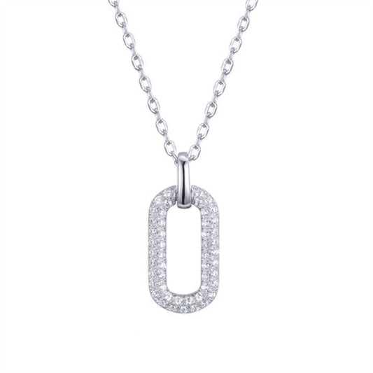 Silver Round CZ Encrusted Paperclip Oval Link Pendant Necklace - ANC086