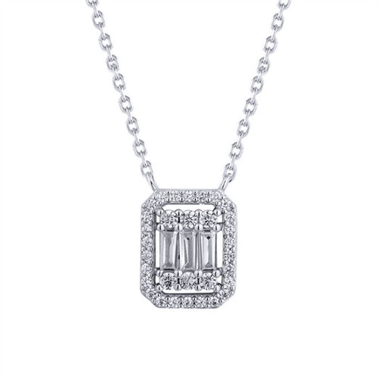 Silver White Emerald CZ Octagon Frame Cluster Pendant Necklace - ANC087