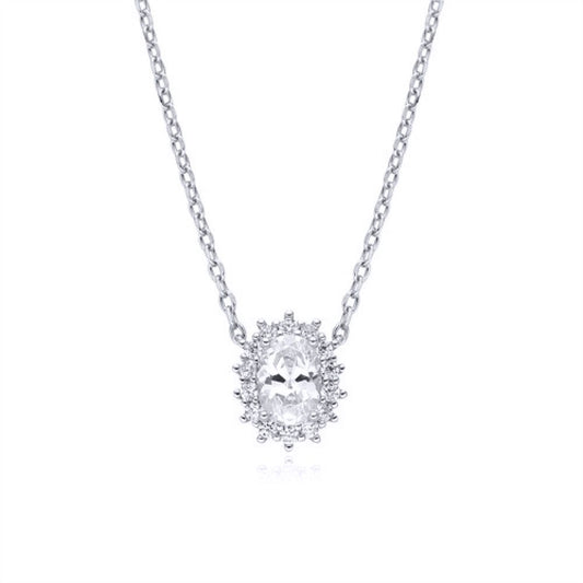 Silver Oval CZ Princess Royal Engagement Cluster Pendant Necklace - ANC090