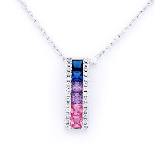 Silver Pink Lilac Blue Princess CZ Bar Column Pendant Necklace - ANC092