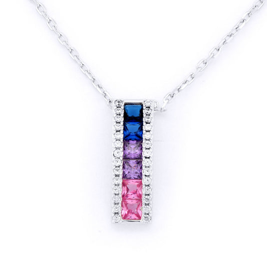 Silver Pink Lilac Blue Princess CZ Bar Column Pendant Necklace - ANC092