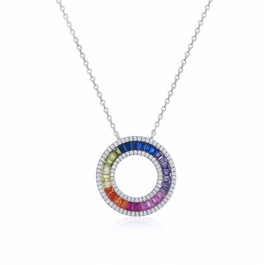 Silver Rainbow CZ Double Halo Circle of Life Pendant Necklace - ANC093