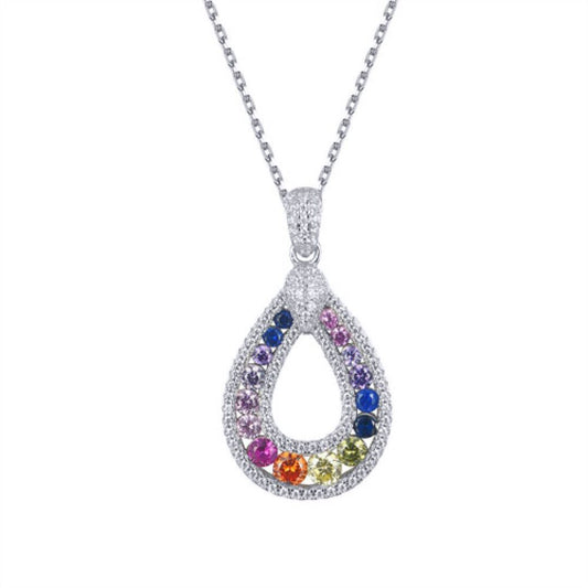 Silver Rainbow CZ Double Halo Magic Avocado Pendant Necklace - ANC094