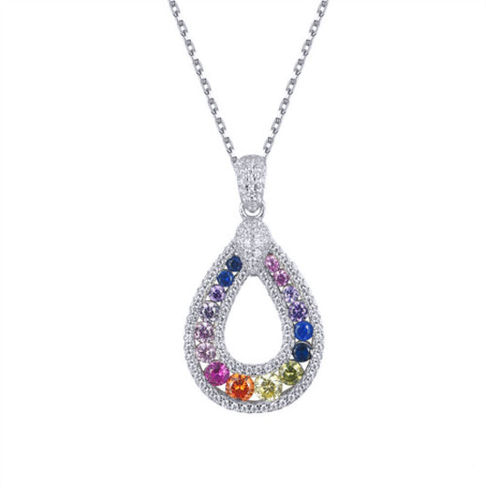 Silver Rainbow CZ Double Halo Magic Avocado Pendant Necklace - ANC094