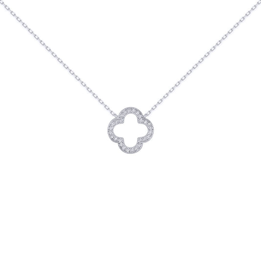 Silver Round CZ Clover Halo Lucky Charm Pendant Necklace 16-18" - ANC097