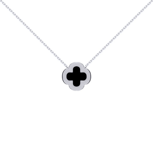 Silver Clover Onyx CZ Halo Lucky Charm Pendant Necklace 16-18" - ANC102