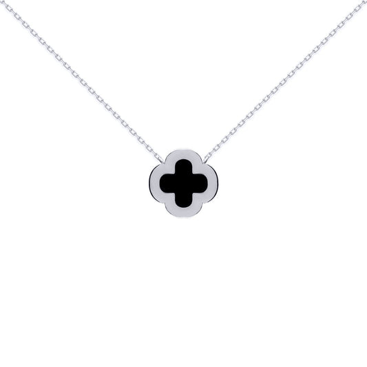 Silver Clover Onyx CZ Halo Lucky Charm Pendant Necklace 16-18" - ANC102