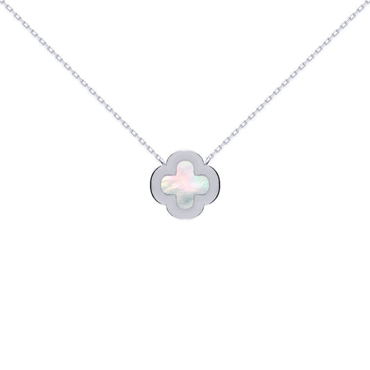 Silver Clover Mother of Pearl CZ Halo Lucky Charm Necklace 16-18" - ANC103