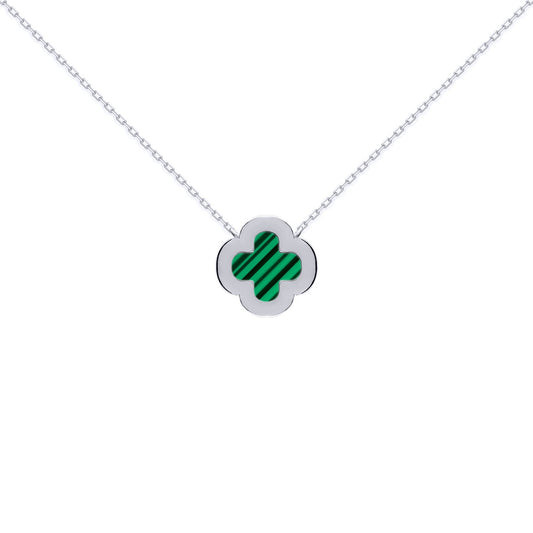Silver Clover Malachite CZ Lucky Charm Pendant Necklace 16-18" - ANC105