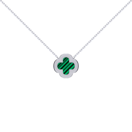 Silver Clover Malachite CZ Lucky Charm Pendant Necklace 16-18" - ANC105