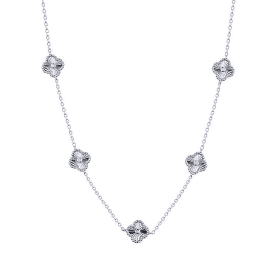 Silver CZ Fluted Solitaire Charm 5 Station Necklace 16.5-18.5" - ANC117