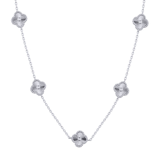 Silver CZ Fluted Solitaire Clover 5 Station Necklace 16.5-18.5" - ANC117