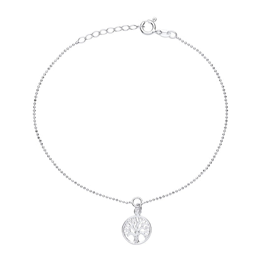 Silver Bead Chain Tree of Life Charm Anklet 13mm 9 + 1 inch - ANK004