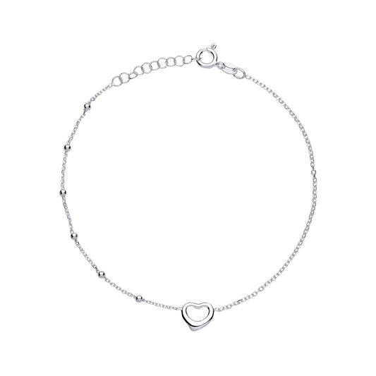 Silver Love Heart Bead Chain Station Ankle Bracelet 14mm 9+1 inch - ANK008