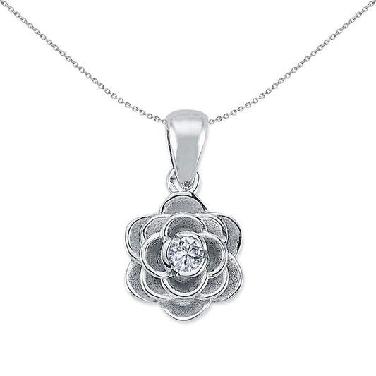 Silver CZ Rose Petal Paper Flower Solitaire Pendant - APD163