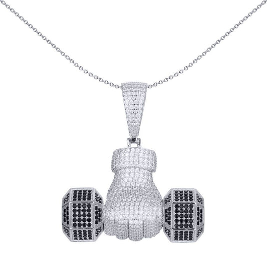 Men's Silver Black CZ Hex Dumbell Free Weight Charm Pendant 1oz - APD170