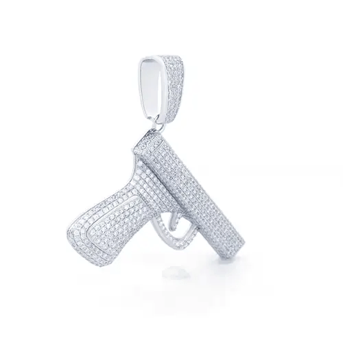 Men's Silver Round CZ Handgun Pistol Revolver Charm Pendant - APD171