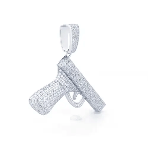 Men's Silver Round CZ Handgun Pistol Revolver Charm Pendant - APD171