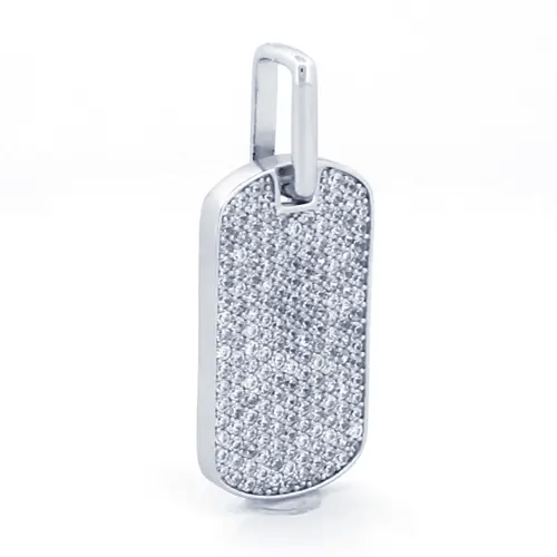 Men's Silver CZ Encnrusted Rounded Corner Dog Tag Charm Pendant - APD172
