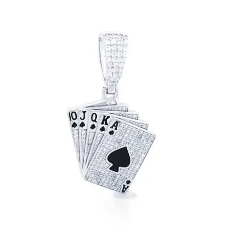 Men's Silver CZ Spades Royal Flush Poker Hand Charm Pendant - APD173