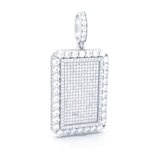 Men's Silver CZ Sparkling Vanity Mirror Dog Tag Charm Pendant 1oz - APD175