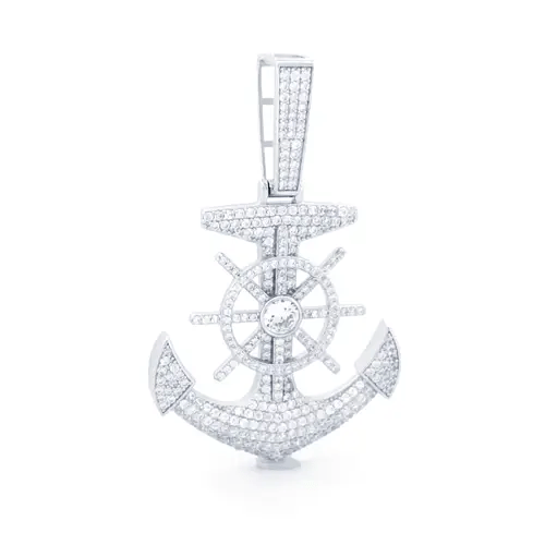 Men's Silver Round CZ Pirate Ship Wheel Anchor Charm Pendant ½oz - APD176