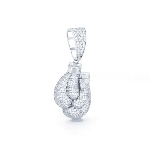 Men's Silver Round CZ Folded Boxing Glove Pair Charm Pendant - APD178
