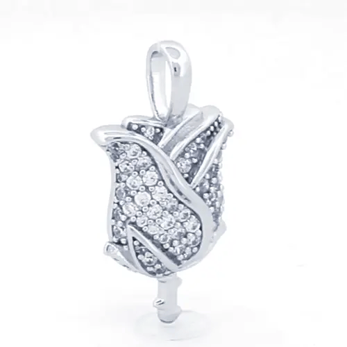 Unisex Silver Round CZ Blooming Encrusted Rose Bud Charm Pendant - APD179