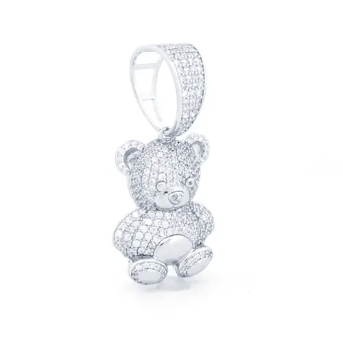 Unisex Silver Round CZ Cute Fluffy Teddy Bear Charm Pendant - APD183