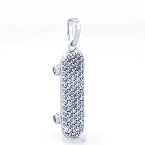 Unisex Silver Round CZ Encrusted Sporty Skateboard Charm Pendant - APD186