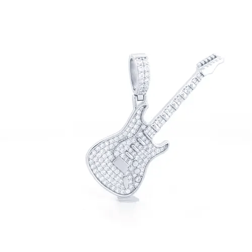 Men's Silver Round CZ Musician Electric Lead Guitar Charm Pendant - APD190