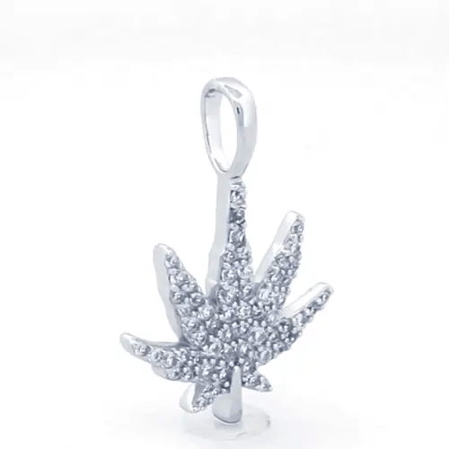 Unisex Silver Round CZ Cannabis Marijuana Leaf Charm Pendant - APD192