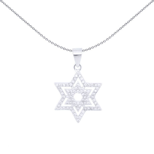 Unisex Silver Round CZ Magen David Double Star Charm Pendant - APD206
