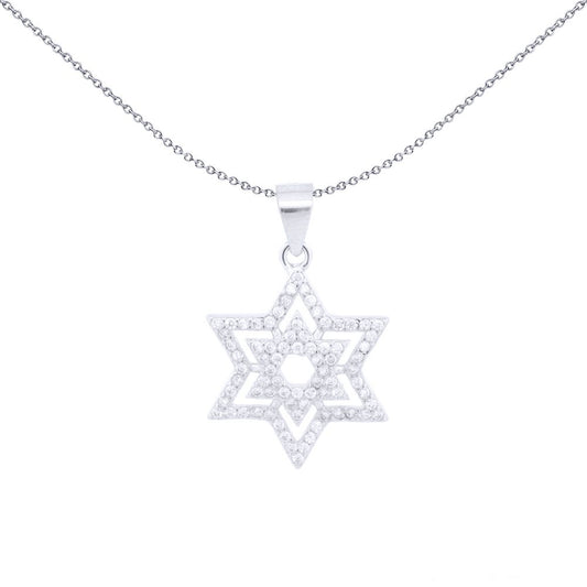 Unisex Silver Round CZ Magen David Double Star Charm Pendant - APD206