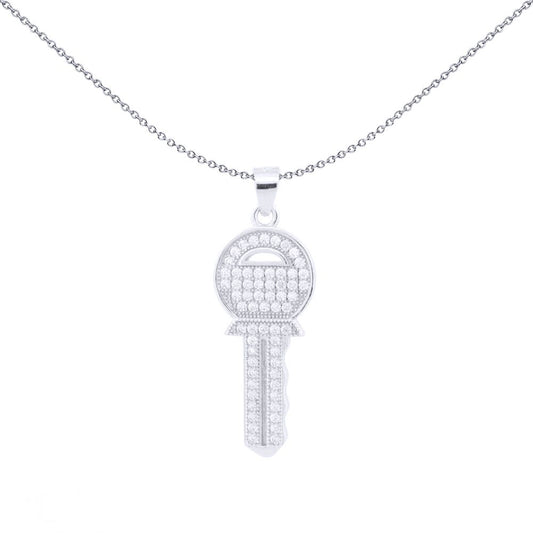 Silver Round CZ Encrusted Yale Key to my Heart Charm Pendant - APD209