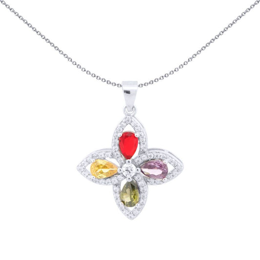 Silver Rainbow Pear CZ Pointed Quatrefoil Clover Charm Pendant - APD223