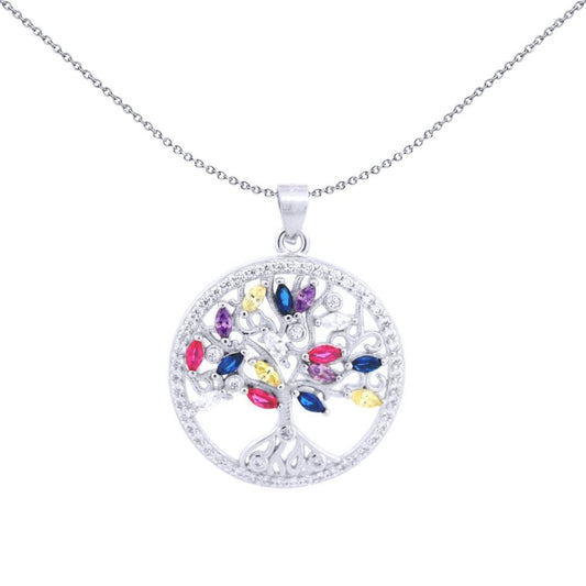 Silver Rainbow Marquise CZ Circle Tree of Life Charm Pendant - APD225