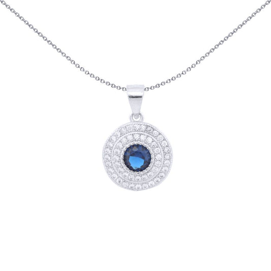 Silver Blue CZ Double Halo Solitaire Bullseye Charm Pendant - APD226B
