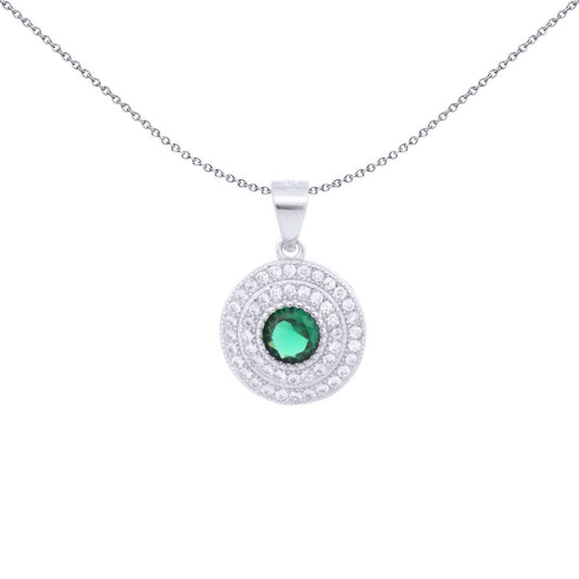 Silver Green CZ Double Halo Solitaire Bullseye Charm Pendant - APD226G