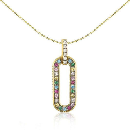 Gold-plated Silver Rainbow CZ Paperclip Oval Halo Charm Pendant - APD228