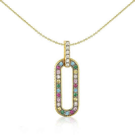 Gold-plated Silver Rainbow CZ Paperclip Oval Halo Charm Pendant - APD228