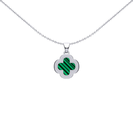 Silver Green Clover Malachite CZ Halo Lucky Charm Pendant - APD236