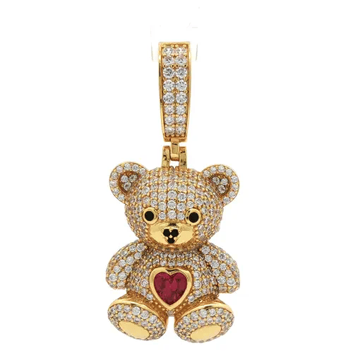 14k Gold-plated Silver CZ Red Heart Cute Iced Teddy Bear Pendant - APD237-GP