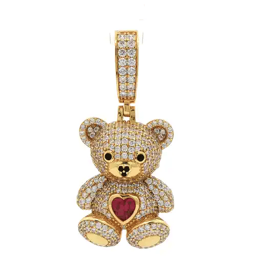 14k Gold-plated Silver CZ Red Heart Cute Iced Teddy Bear Pendant - APD237-GP