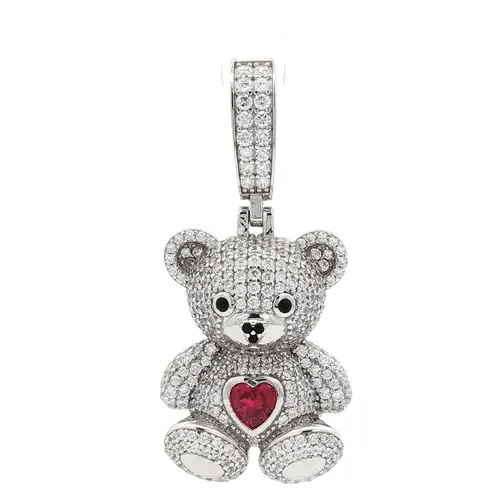 Silver CZ Ruby-Red Heart Accent Cute Iced Out Teddy Bear Pendant - APD237
